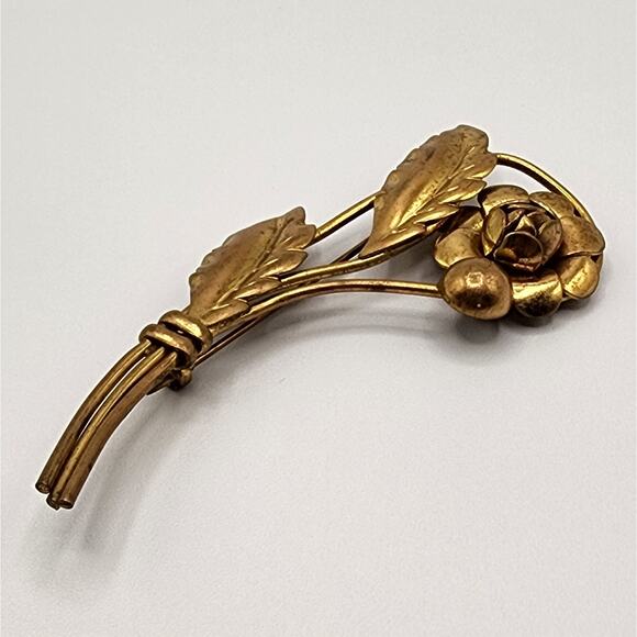 Vintage 1940s Floral Brooch Gold Tone Slender Long Stem Flower Pin 3.25" - Picture 5 of 9